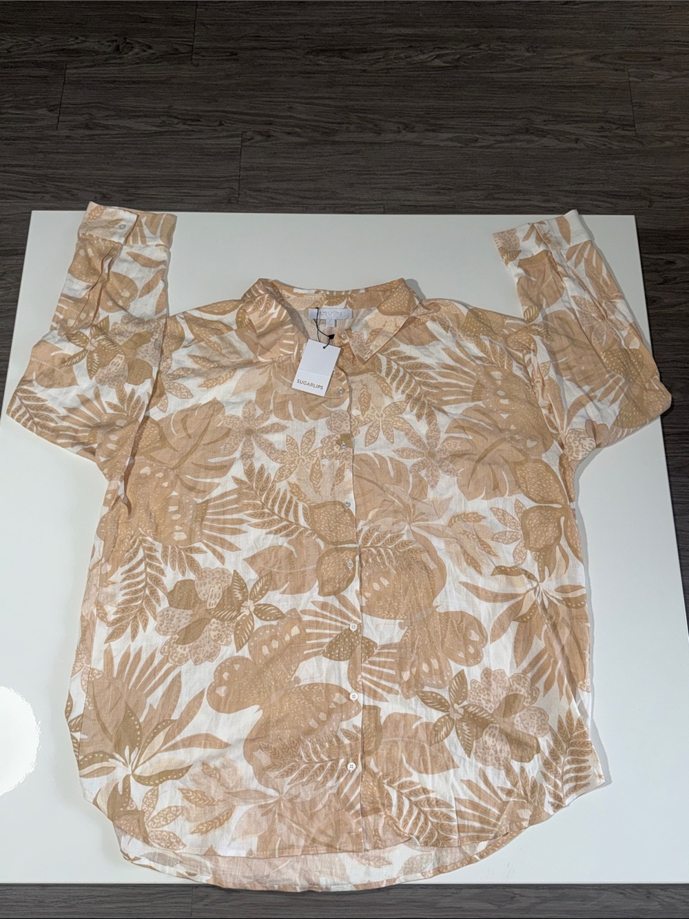Sugarlips Cream and Tan Botanical Button-Down Shirt